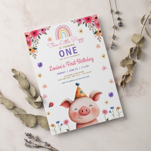 Cute Piggy Pink Floral Greenery Birthday  Invitation (Creator Uploaded)