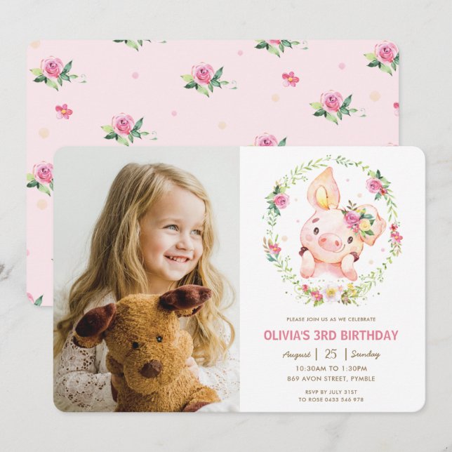 Cute Piggy Pink Floral Greenery Birthday Photo Invitation (Front/Back)
