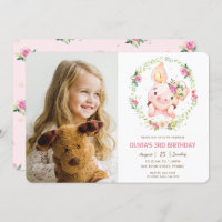 Cute Piggy Pink Floral Greenery Birthday Photo
