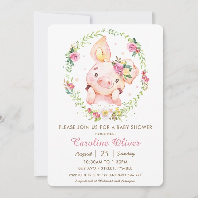 Cute Piggy Pink Floral Greenery Wreath Baby Shower Invitation (Front)