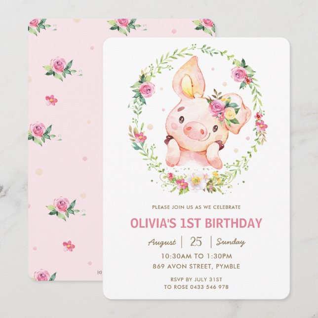 Cute Piggy Pink Floral Greenery Wreath Birthday  Invitation (Front/Back)