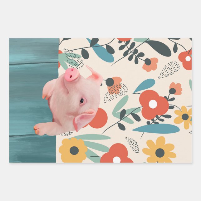 Cute Piglet and Cheerful Flowers Wrapping Paper Sheet (Front)
