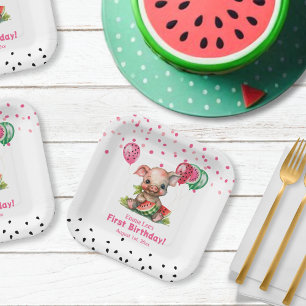 Cute Piglet Eating Watermelon Birthday Paper Plate