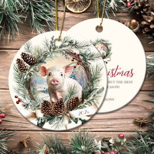 Cute piglet farm animals Christmas pinecone wreath Ceramic Tree Decoration