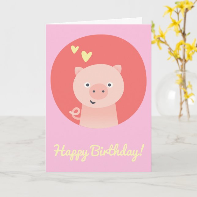 Cute Piglet - Personalised Kids Birthday Card (Yellow Flower)