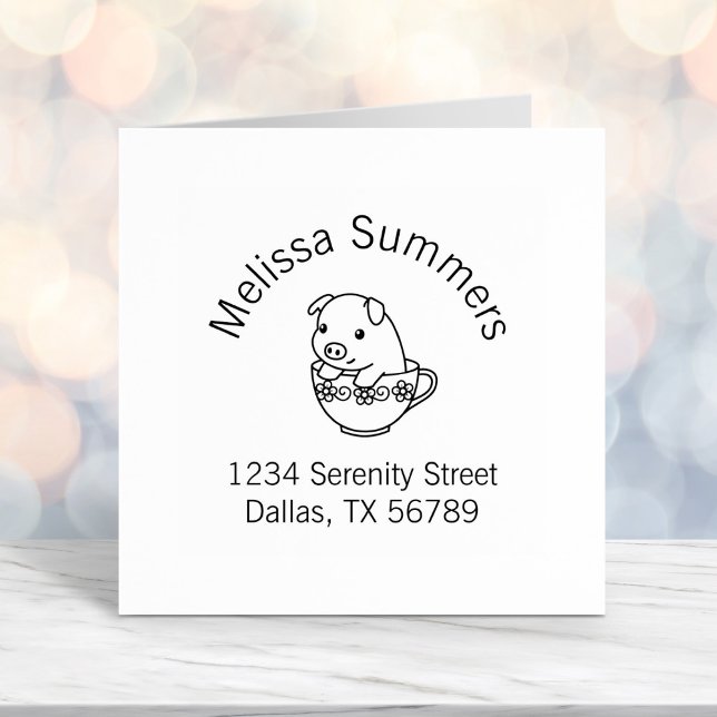 Cute Piglet Pig in a Teacup Arch Address Self-inking Stamp (Creator Uploaded)