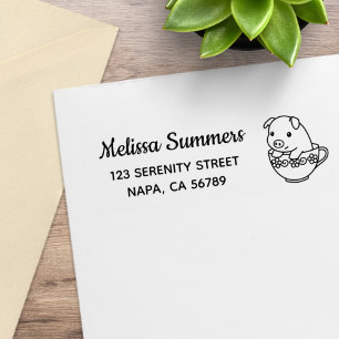 Cute Piglet Pig in a Teacup Return Address Rubber Stamp