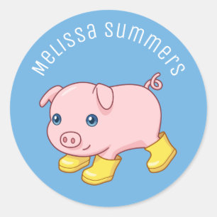 Cute Piglet Pig in Rubber Boots Custom Name Blue Classic Round Sticker
