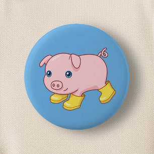 Cute Piglet Pig in Yellow Rubber Boots Blue 6 Cm Round Badge