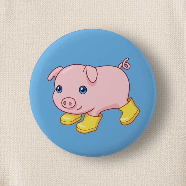 Cute Piglet Pig in Yellow Rubber Boots Blue 6 Cm Round Badge (Creator Uploaded)
