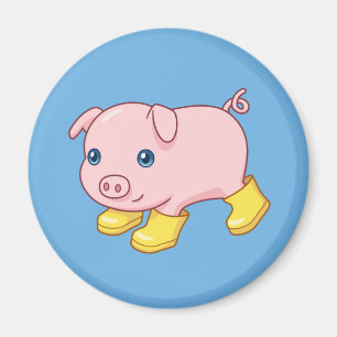 Cute Piglet Pig in Yellow Rubber Boots Blue Magnet