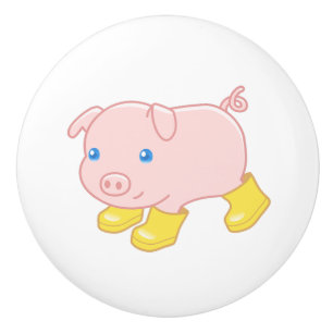Cute Piglet Pig in Yellow Rubber Boots Ceramic Knob
