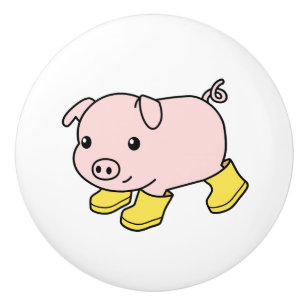 Cute Piglet Pig in Yellow Rubber Boots  Ceramic Knob