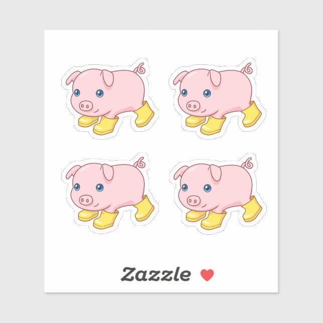 Cute Piglet Pig in Yellow Rubber Boots, Set of 4 (Sheet)