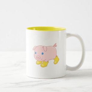 Cute Piglet Pig in Yellow Rubber Boots Two-Tone Coffee Mug