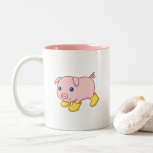 Cute Piglet Pig in Yellow Rubber Boots Two-Tone Coffee Mug