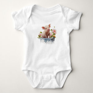 Cute Piglet with Water and Flowers  Baby Bodysuit
