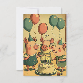 Cute Pigs Birthday Party Flat Greeting Card