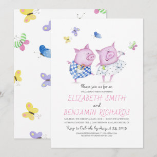 Cute Pigs Couple Sweet Engagement Party Invitation