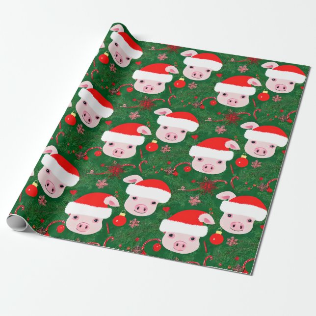 Cute Pigs for Christmas Green Holiday Wrap Wrapping Paper (Unrolled)