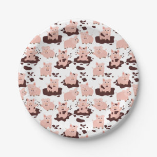 Cute Pigs Playing in Mud Farm Animals Paper Plate