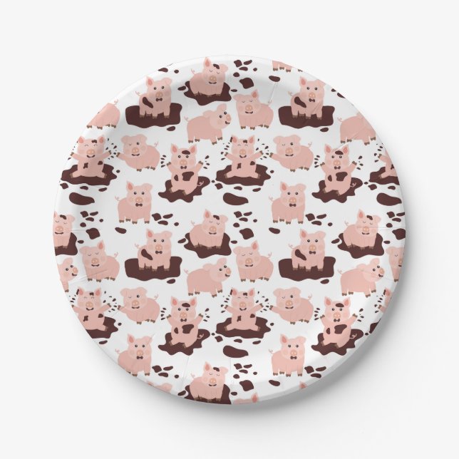 Cute Pigs Playing in Mud Farm Animals Paper Plate (Front)