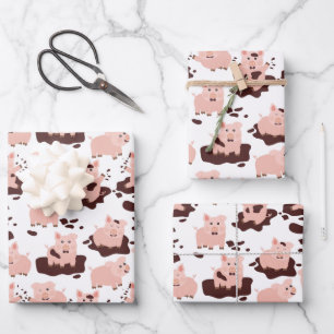 Cute Pigs Playing in Mud Farm Animals Wrapping Paper Sheet