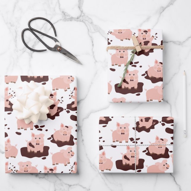 Cute Pigs Playing in Mud Farm Animals Wrapping Paper Sheet (Front)