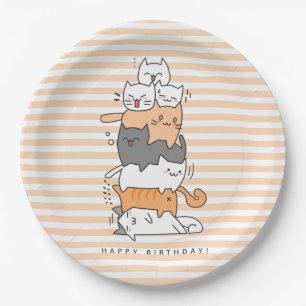 Cute Pile of Cats Happy Birthday Paper Plate