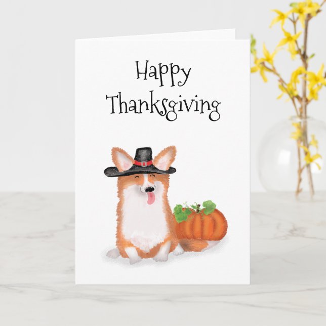 Cute pilgrim corgi with pumpkin Thanksgiving card (Yellow Flower)