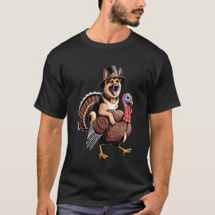 Cute Pilgrim German Shepherd Dog Riding Turkey Tha T-Shirt