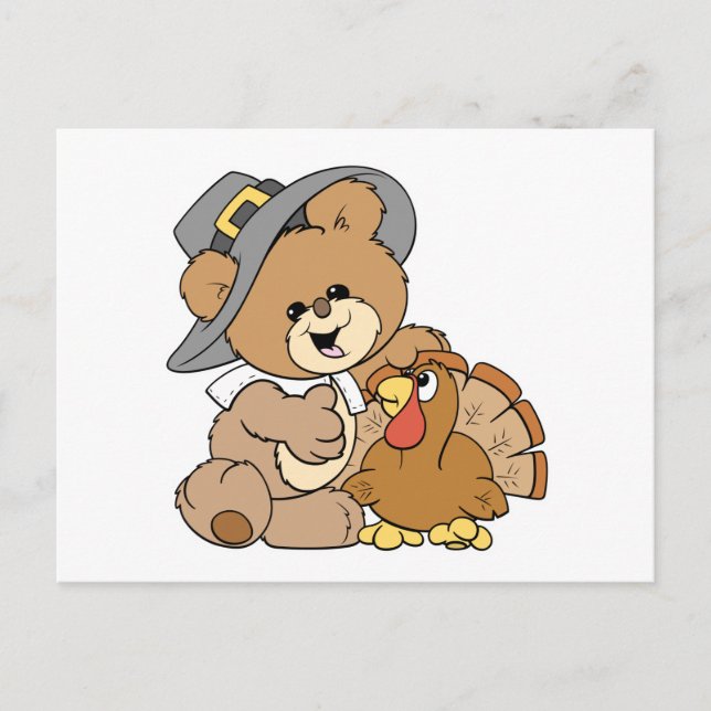 cute pilgrim teddy bear with turkey postcard (Front)