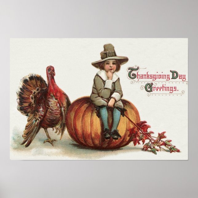 Cute Pilgrim Turkey Pumpkin Fall Leaves Poster (Front)