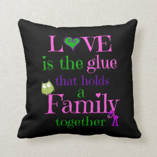 Cute Pillow, LOVE FAMILY pink lime purple on black Cushion
