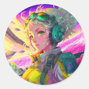 Cute Pilot Anime Girl Classic Round Sticker