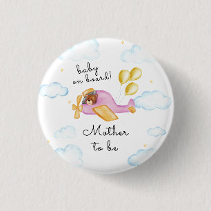 Cute Pilot Bear Airplane Mother To Be Baby Shower  3 Cm Round Badge