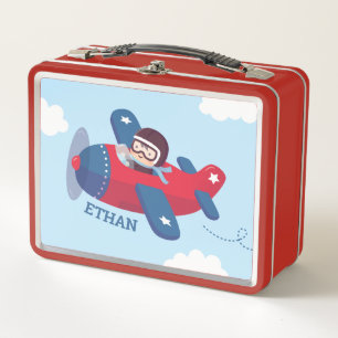 Cute Pilot Boy in Propeller Aeroplane Personalised Metal Lunch Box