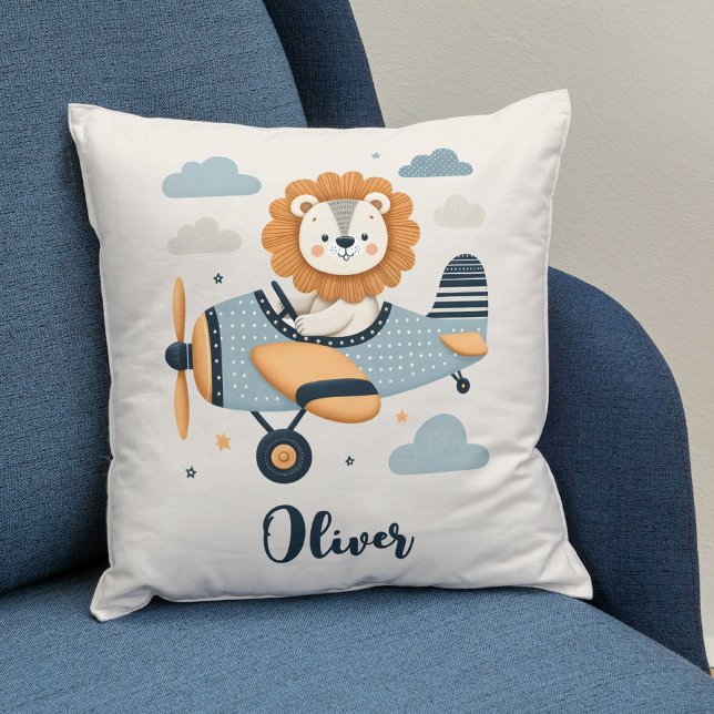 Cute Pilot Lion on Charming Aeroplane  Cushion (Creator Uploaded)