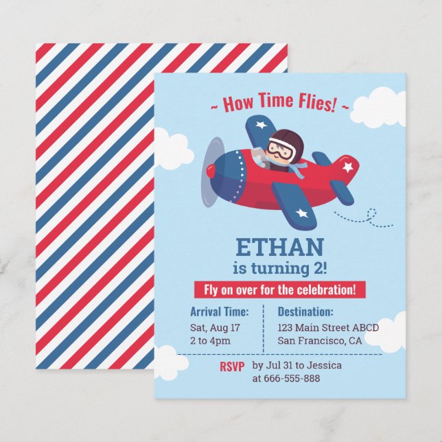 Cute Pilot Propeller Aeroplane Boys Birthday Party Invitation (Front/Back)