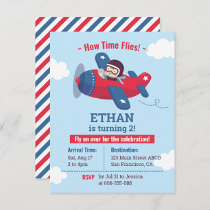 Cute Pilot Propeller Aeroplane Boys Birthday Party Invitation