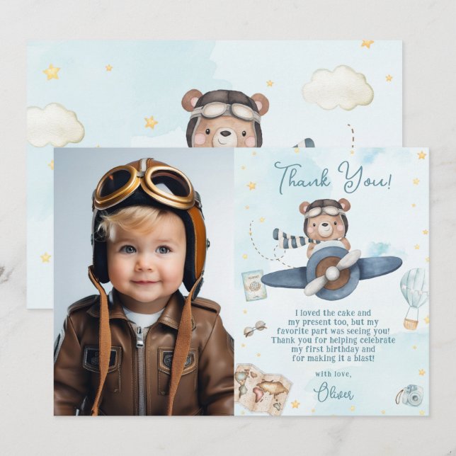 Cute Pilot Teddy Bear Blue Plane Birthday Photo Thank You Card (Front/Back)