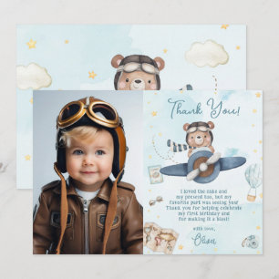 Cute Pilot Teddy Bear Blue Plane Birthday Photo Thank You Card