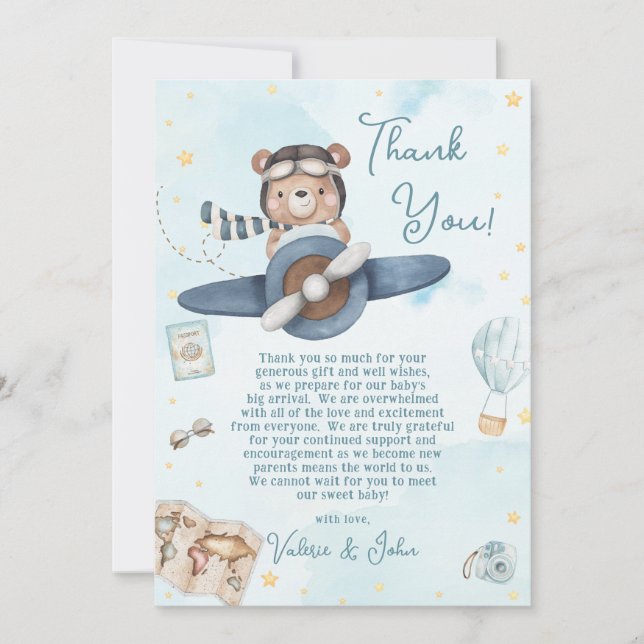 Cute Pilot Teddy Bear Blue Plane Boy Baby Shower Thank You Card (Front)