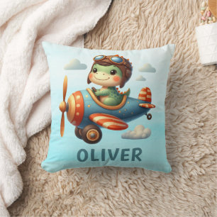 Cute Pilot Trex Dinosaur Flying a Blue Aeroplane Cushion