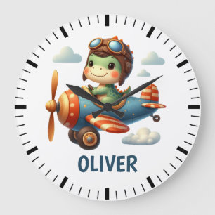 Cute Pilot Trex Dinosaur Flying a Blue Aeroplane Large Clock