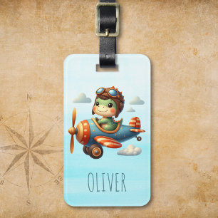 Cute Pilot Trex Dinosaur Flying a Blue Aeroplane Luggage Tag