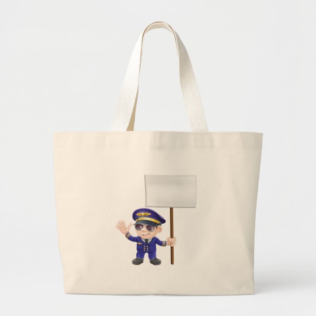 Cute pilot with sign character illustration large tote bag (Front)