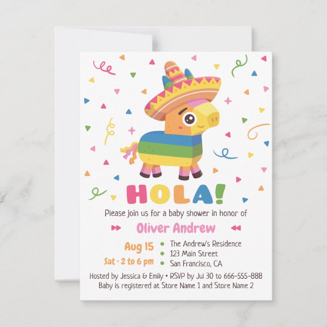 Cute Pinata Confetti Hola Fiesta Baby Shower Invitation (Front)