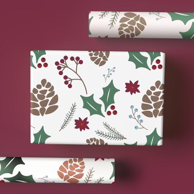 Cute Pine Cone & Holly Berry Christmas Wrapping Paper Sheet (Creator Uploaded)