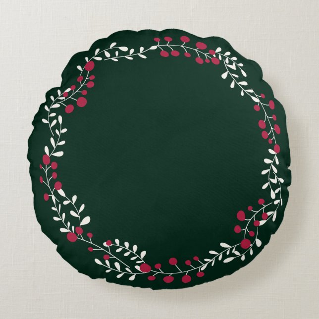 Cute pine green winter berries wreath frame border round cushion (Front)